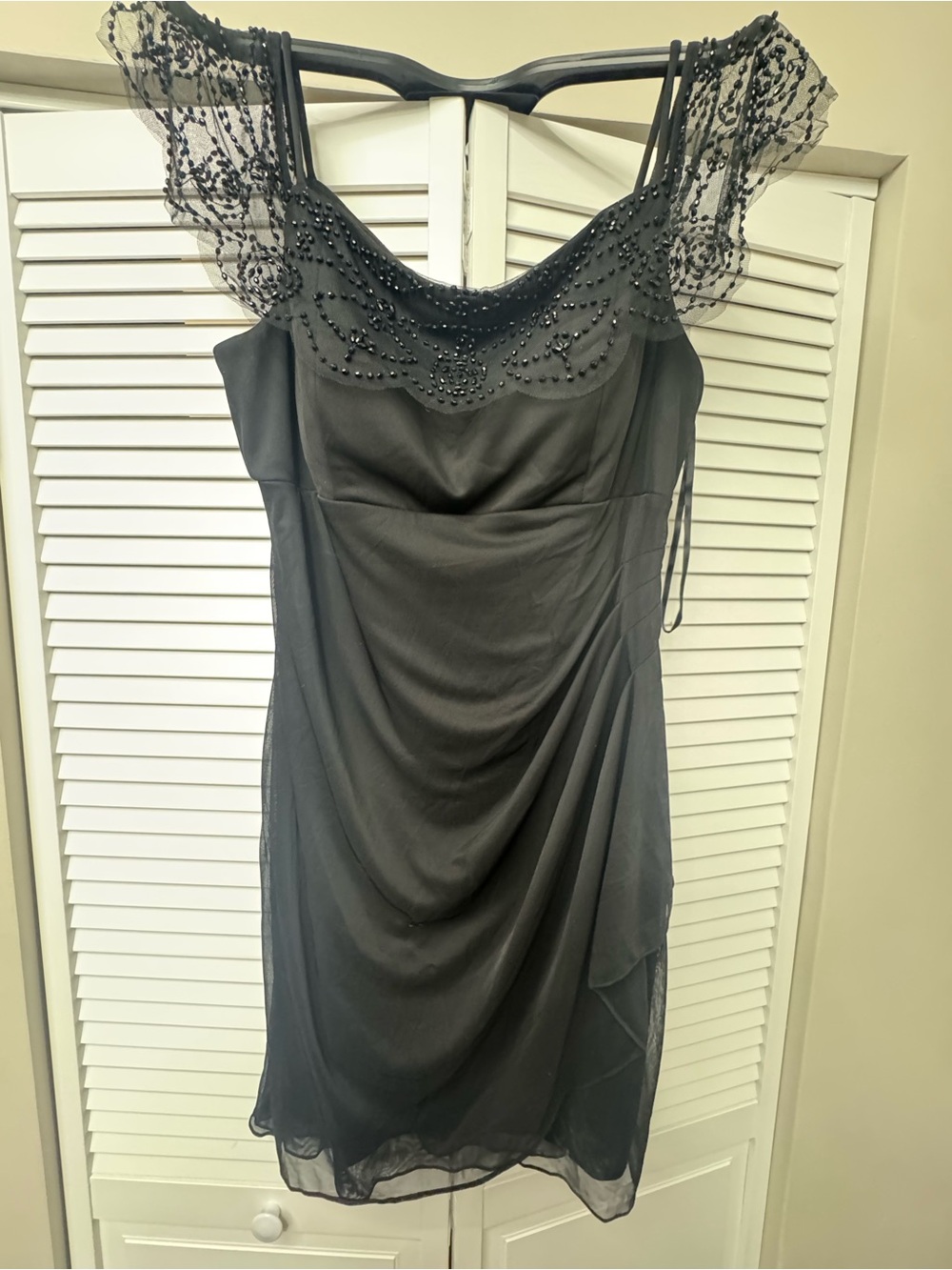 Black Beaded Mesh Sleeve Mini Dress